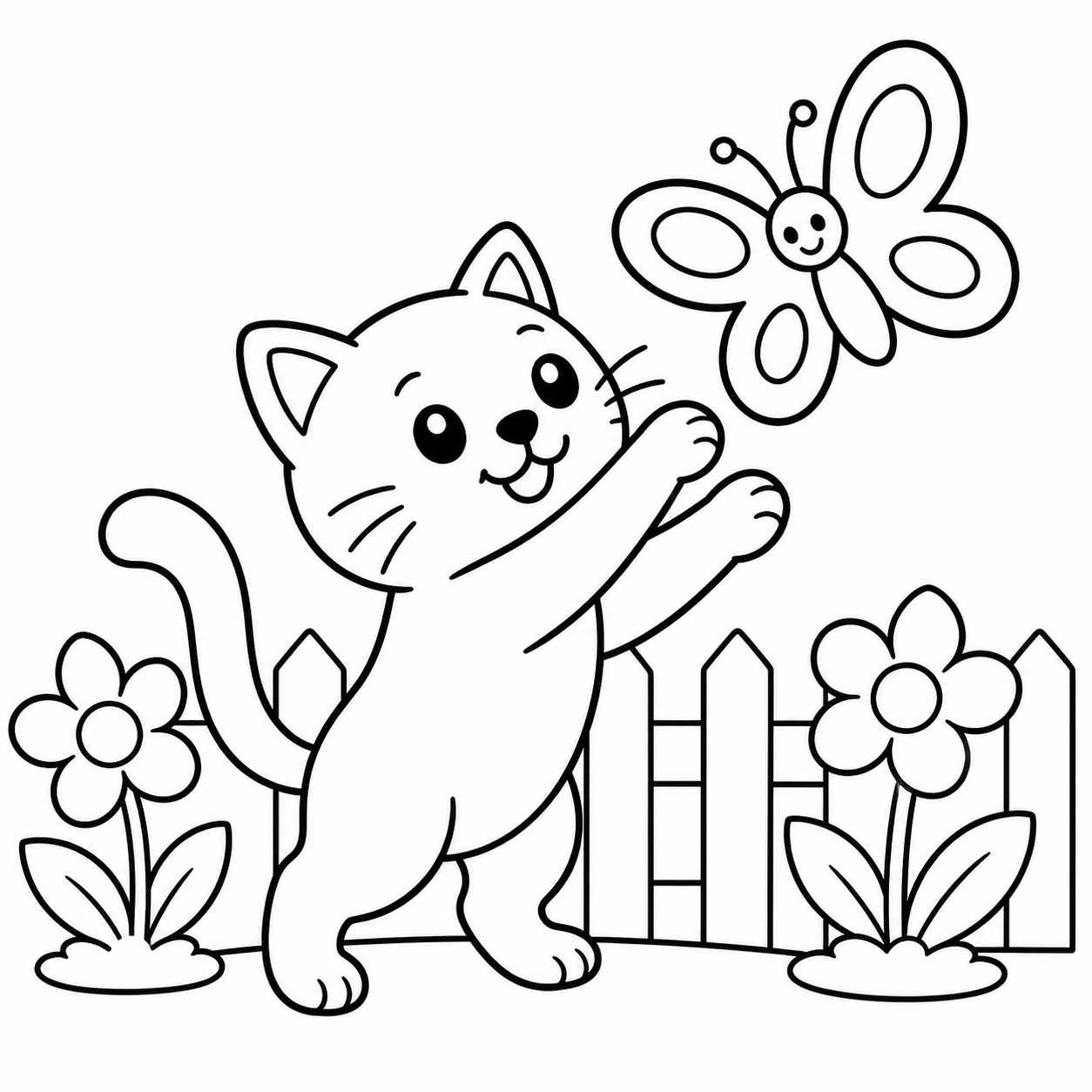 Ausmalbild: Katze und Schmetterling