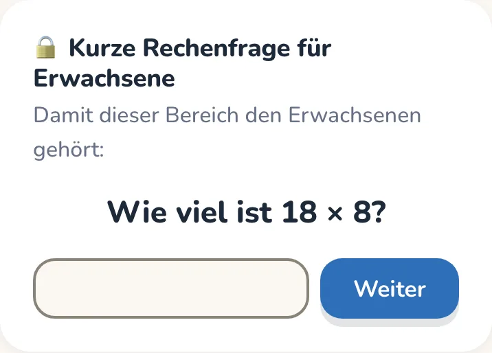 Die Rechenfrage vor dem Eltern-Bereich mit Eingabefeld und dem Knopf Weiter