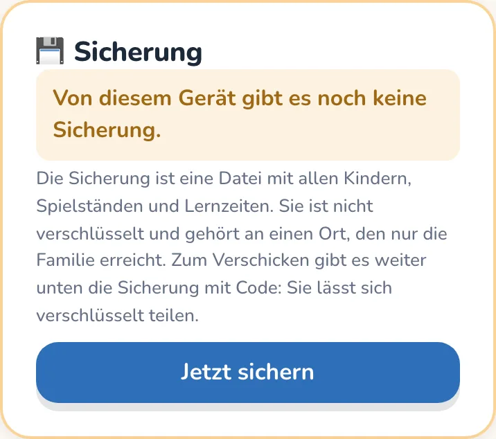 Die Karte Sicherung mit dem Knopf Jetzt sichern