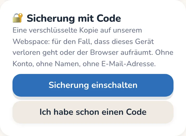 Die Karte Sicherung mit Code mit den Knöpfen Sicherung einschalten und Ich habe schon einen Code