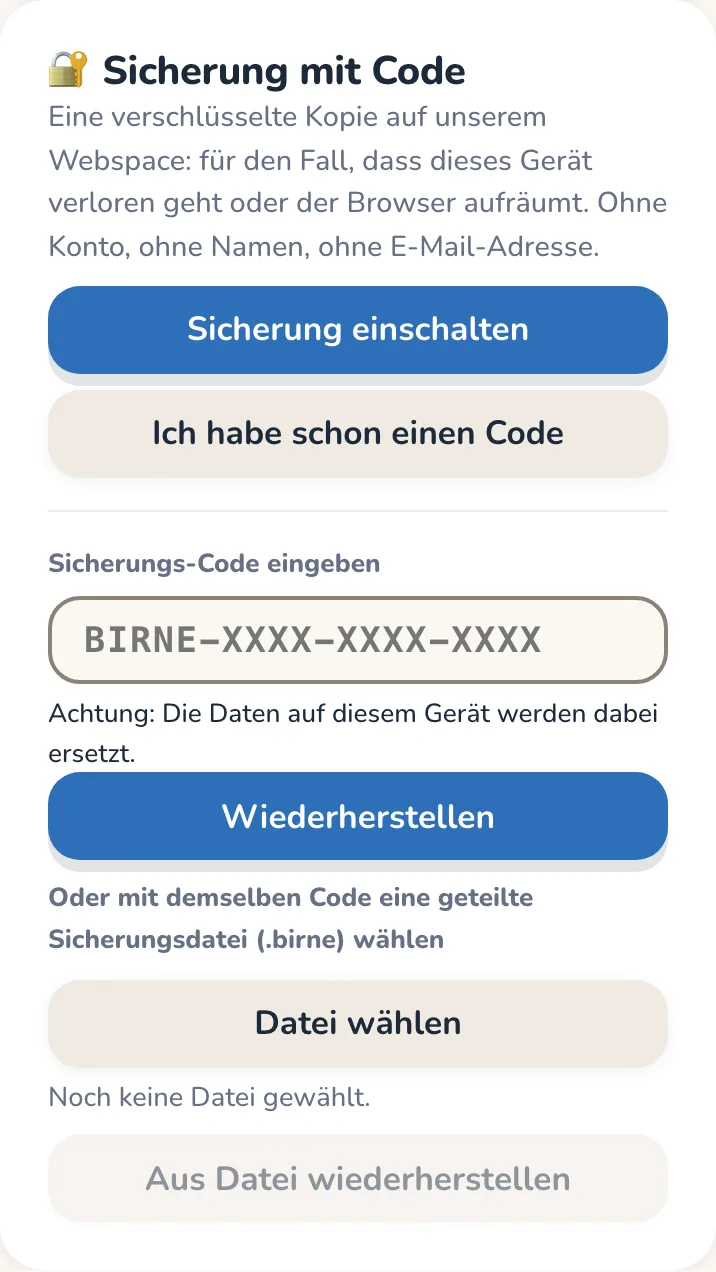 Eingabefeld für den Sicherungs-Code mit dem Knopf Wiederherstellen und darunter der Knopf Datei wählen